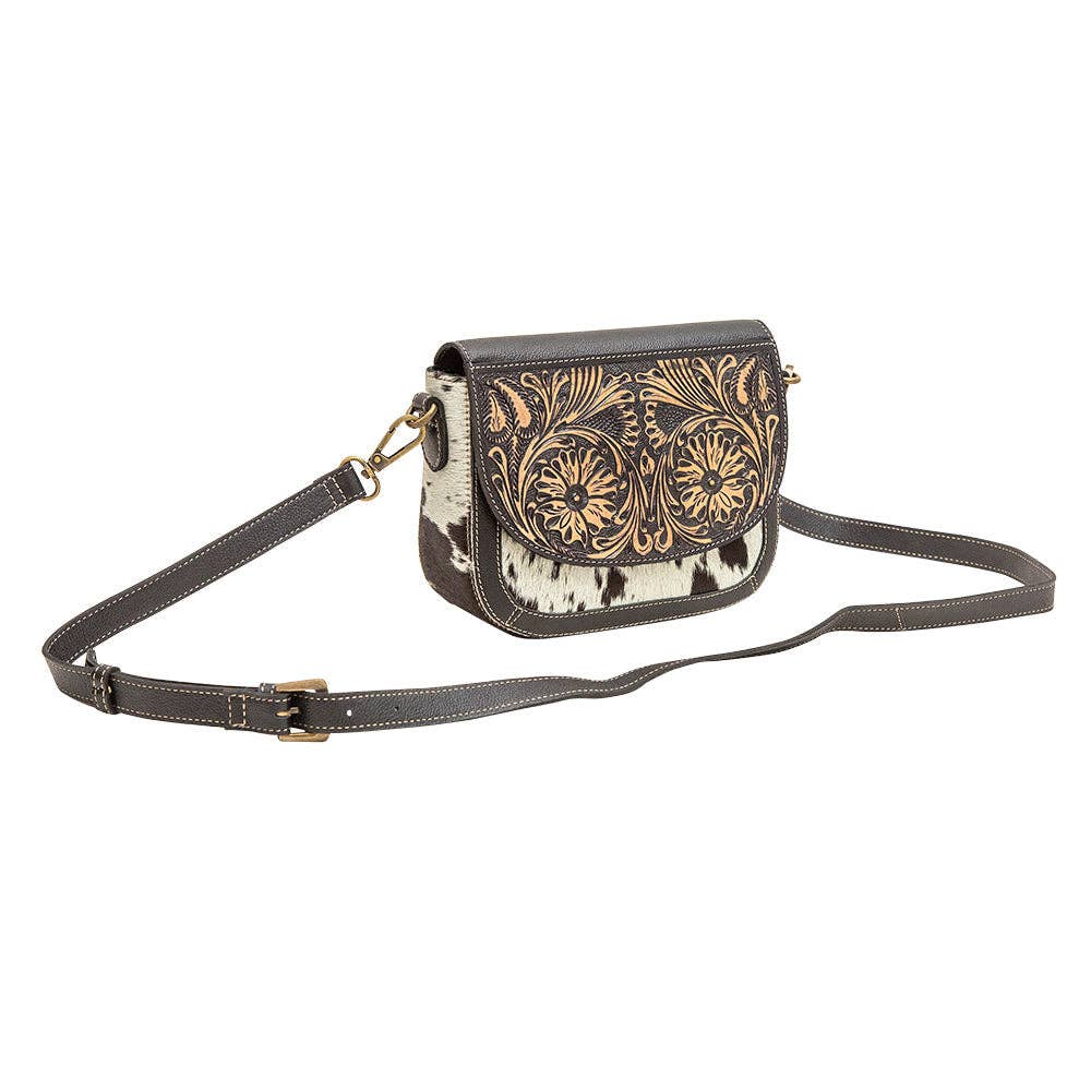 Myra Hand-Tooled Crossbody with Hairon Cowhide