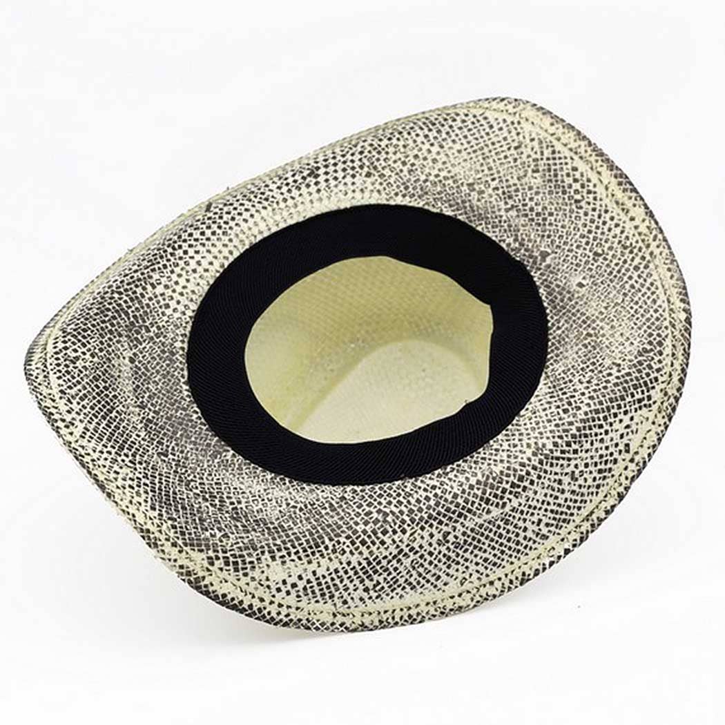 Handmade vintage cowboy hat featuring a textured woven design, black interior, and a decorative band with western-themed charms.