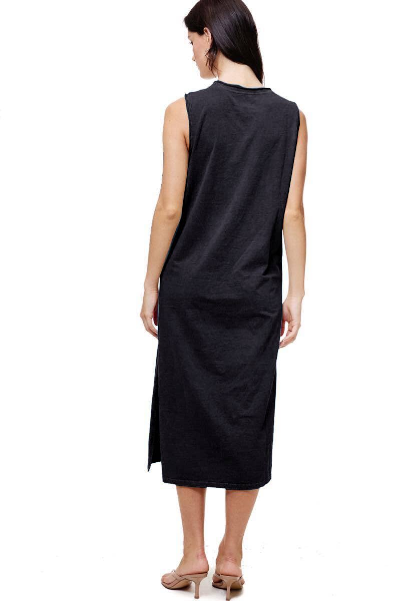 Black muscle tank midi dress with slits, featuring a soft mineral-washed cotton finish and relaxed fit.
