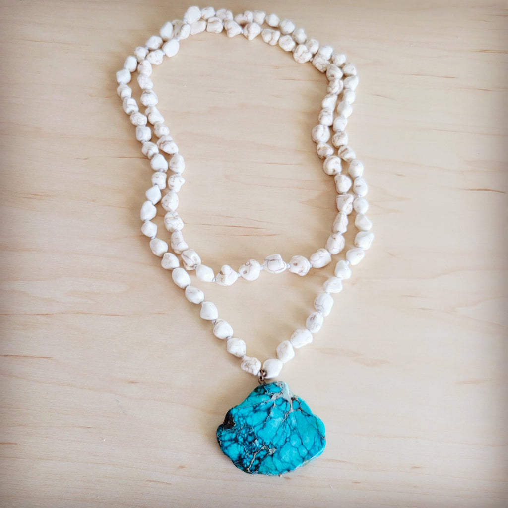 **Long White Turquoise Beaded Necklace w/ Genuine Regalite Pendant 263c