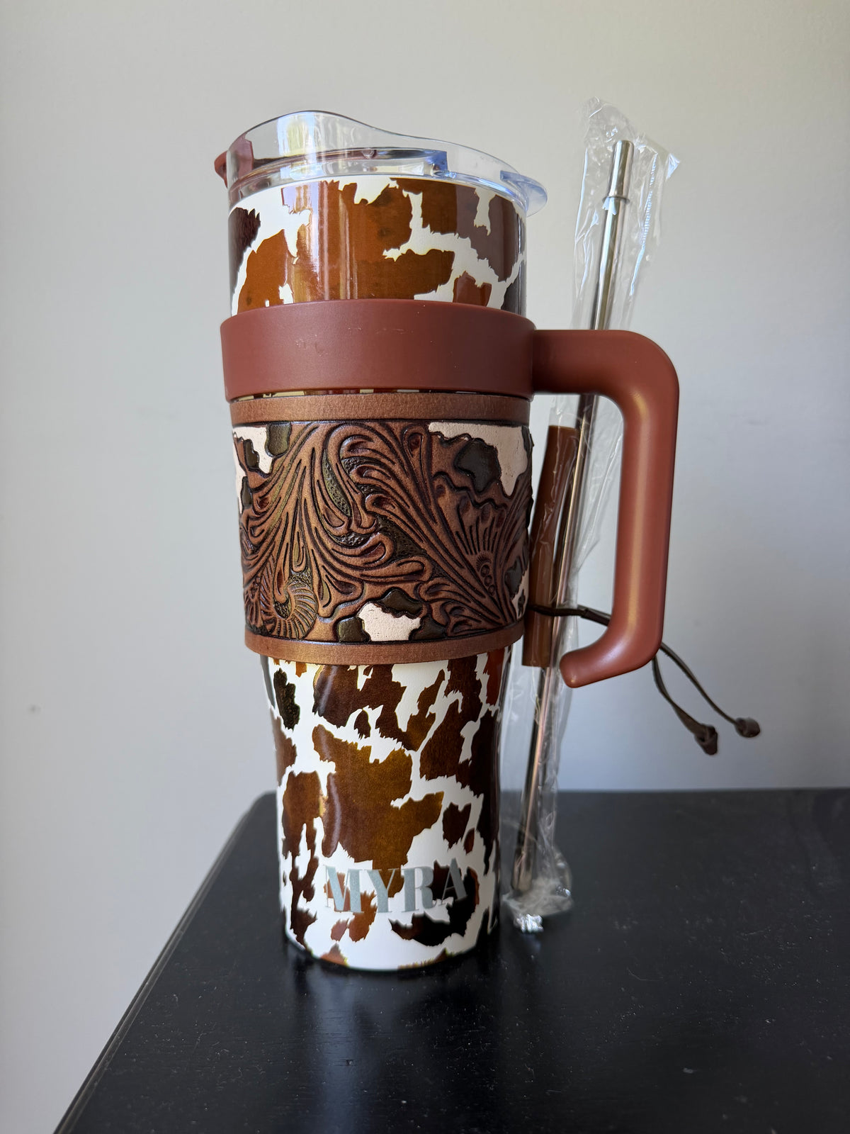 Myra Cow Print Tumbler with Leather Sleeve | Western Style
