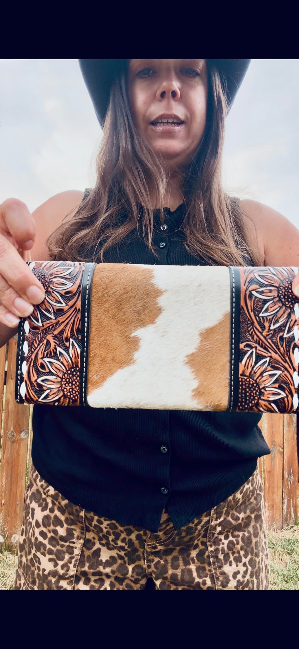 Myra Sandstone Trail Hand-Tooled Wristlet Wallet With Hairon Cowhide