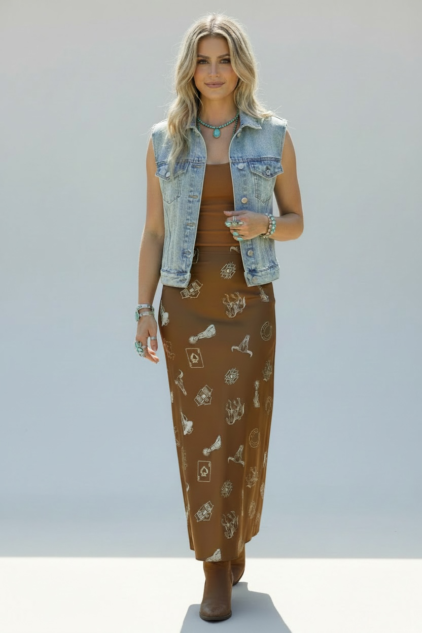 Western Print Satin Long Skirt