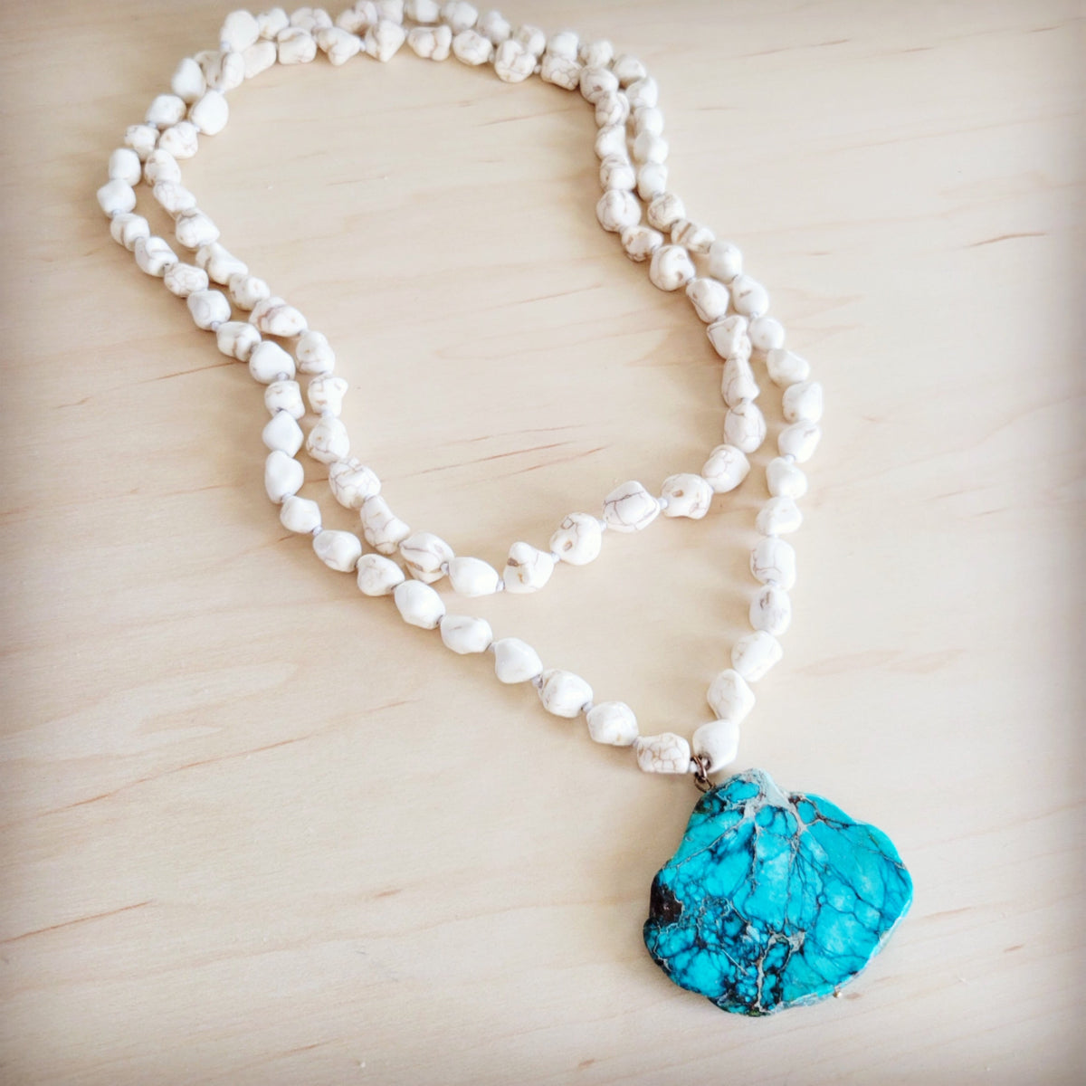**Long White Turquoise Beaded Necklace w/ Genuine Regalite Pendant 263c