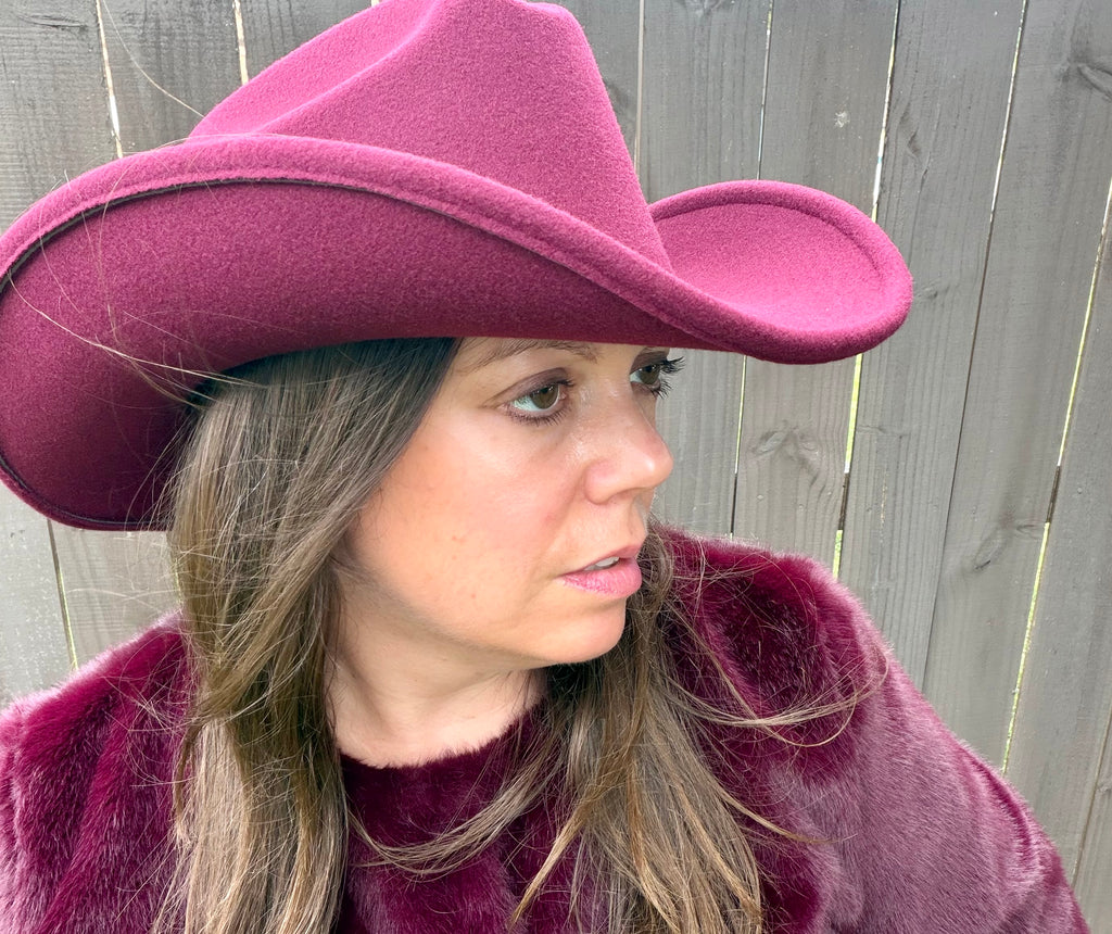 C.C Plain Vegan Felt Cowboy Hat - Wide Brim Western, Burgundy