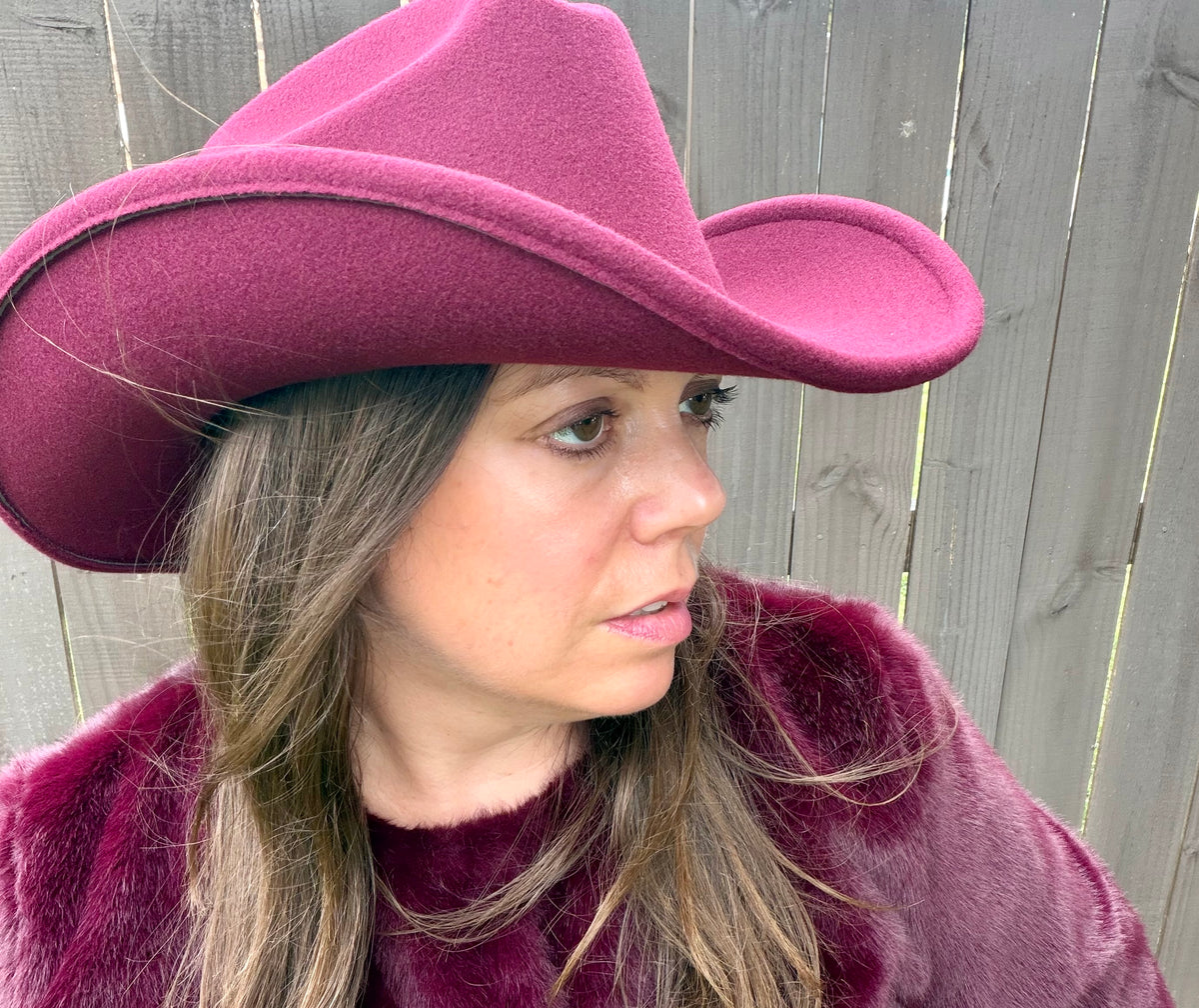 C.C Plain Vegan Felt Cowboy Hat - Wide Brim Western, Burgandy