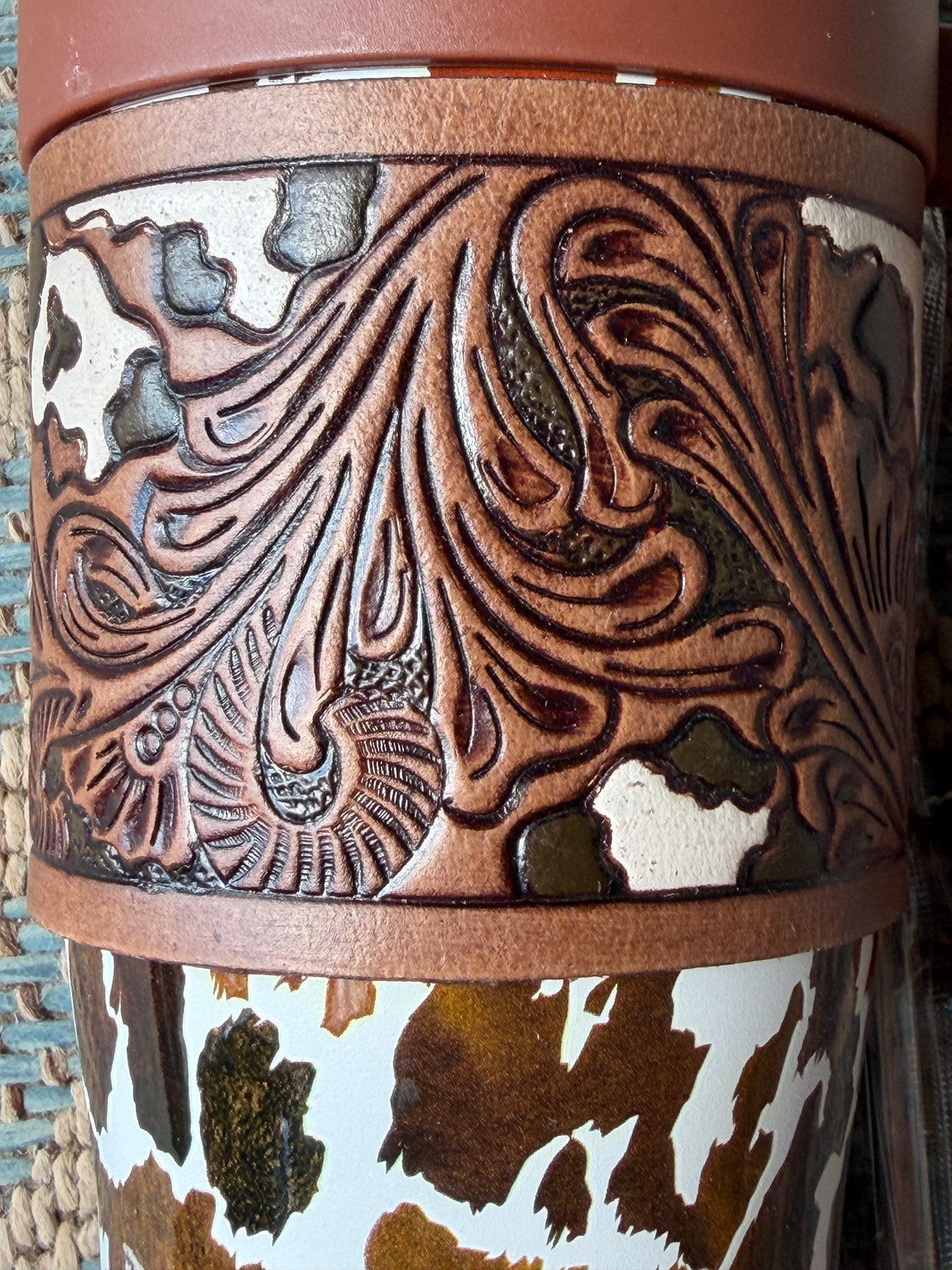 Myra Cow Print Tumbler with Leather Sleeve | Western Style