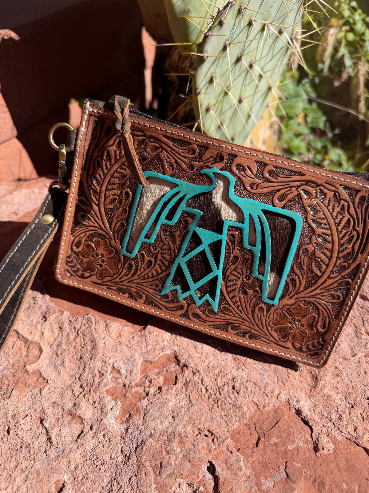 Boho Ranch Shop Genuine Leather Hairon Cowhide Thunderbird Wristlet| Western Hand Tooled Leather