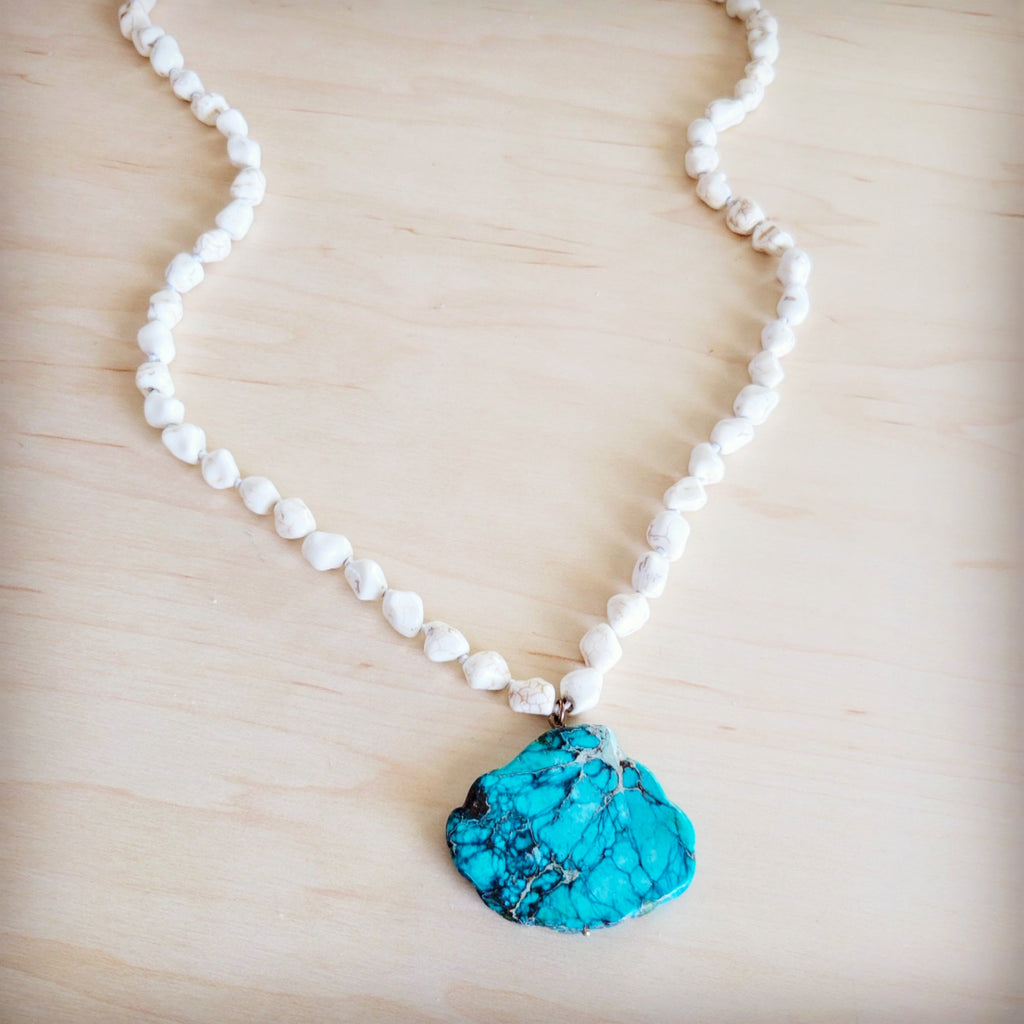 **Long White Turquoise Beaded Necklace w/ Genuine Regalite Pendant 263c