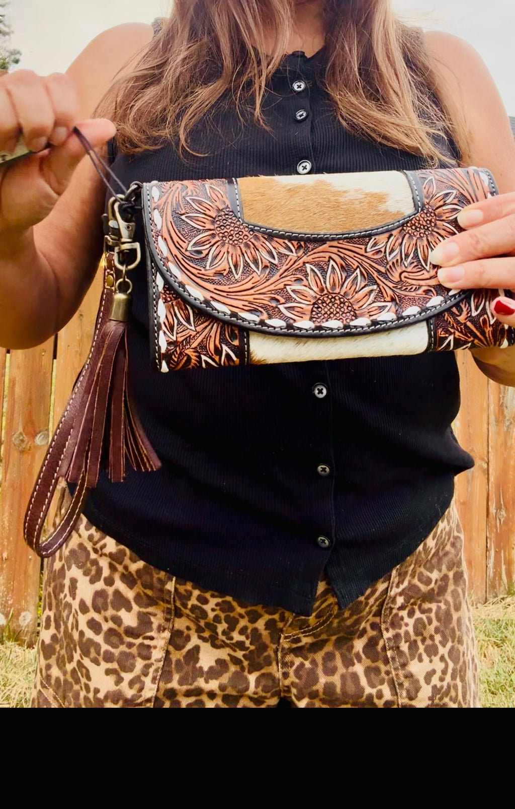 Myra Sandstone Trail Hand-Tooled Wristlet Wallet With Hairon Cowhide