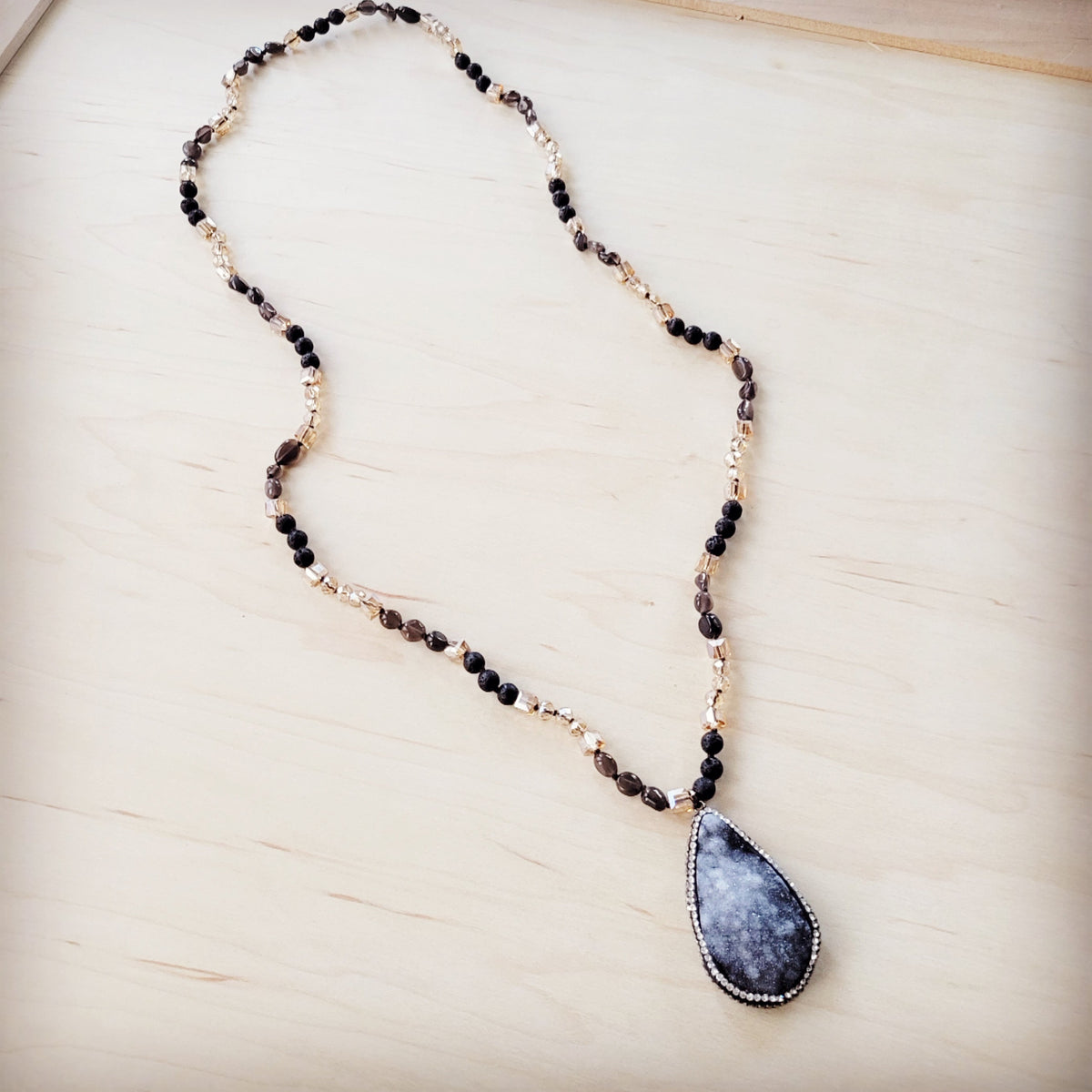 **Black Lava Beaded Necklace w/ Druzy Pendant 257lb
