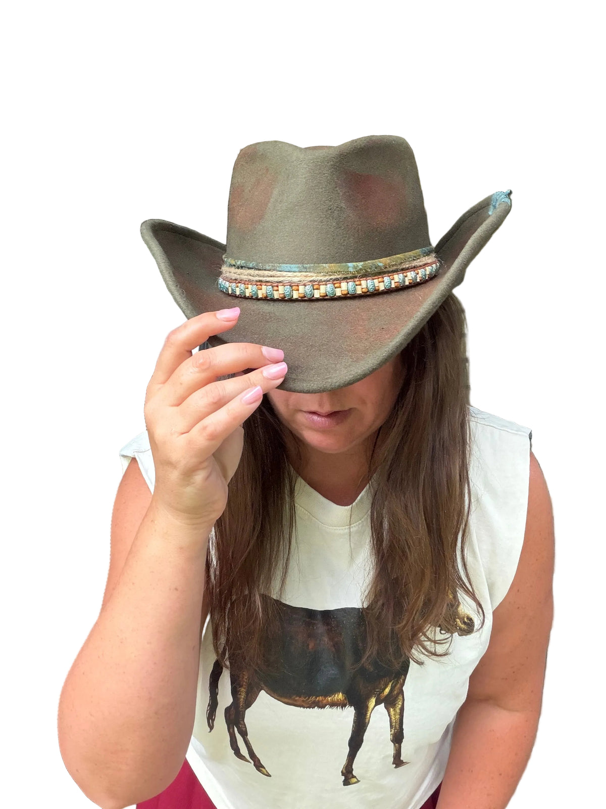 Rustic Shapeable 2-in-1 Cowgirl Fedora Hat with Distressed Beaded Band - Women's One Size Olive Green