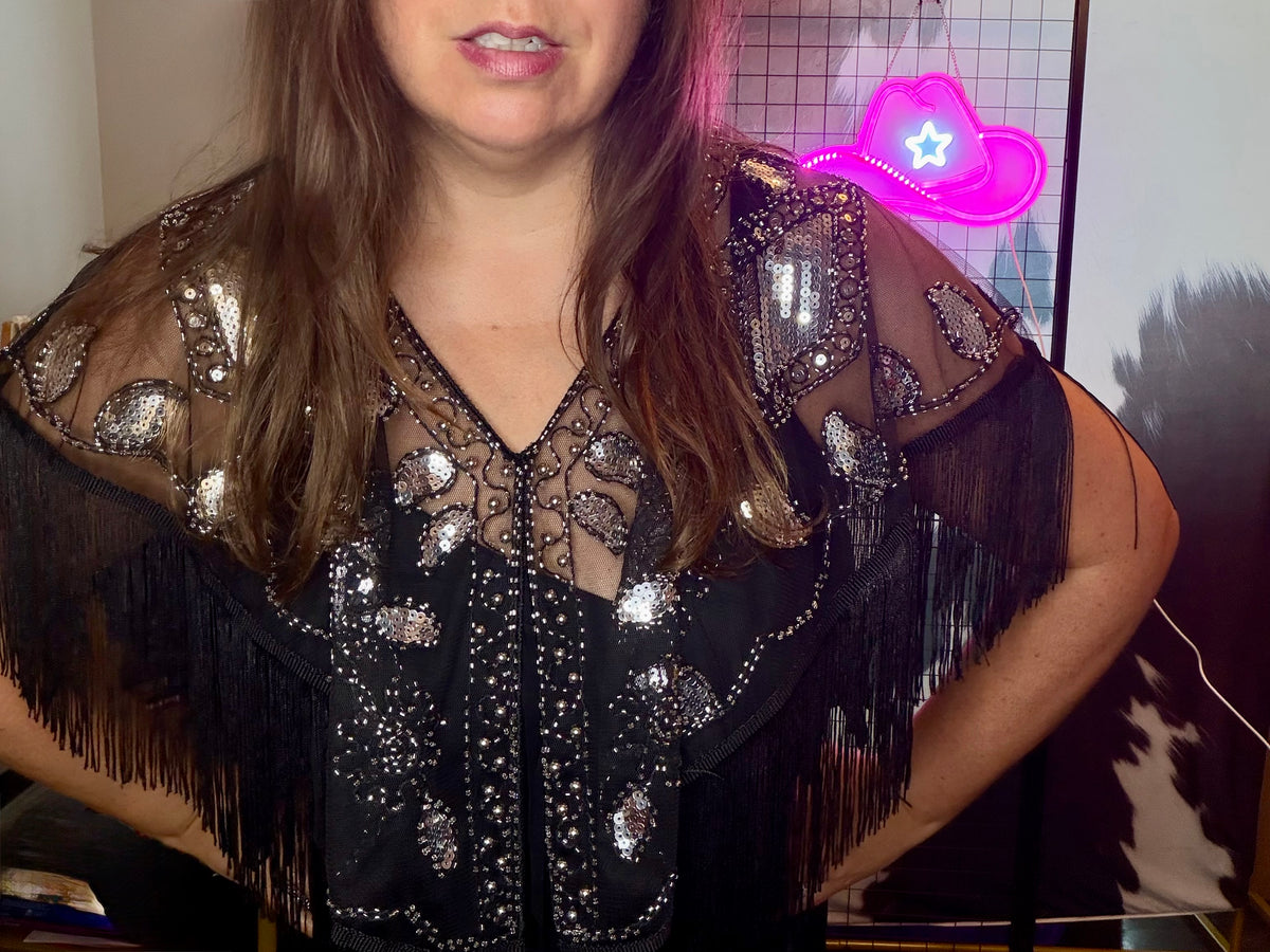 Blue B Sequin Beaded Fringe Western Boho Cape
