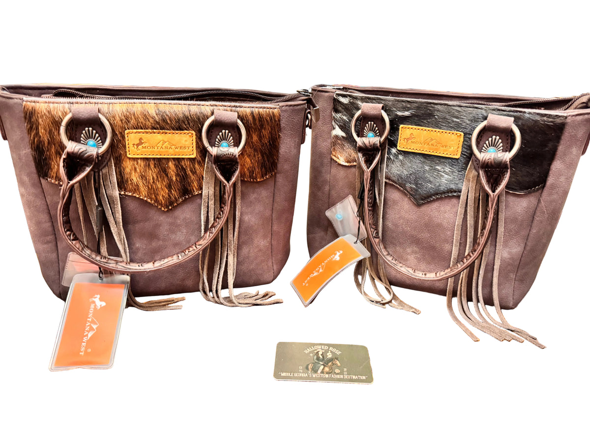 Montana West Hair-On Hide Concealed Carry Tote Bag with Tooled Strap