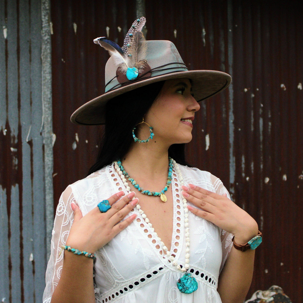 **Long White Turquoise Beaded Necklace w/ Genuine Regalite Pendant 263c