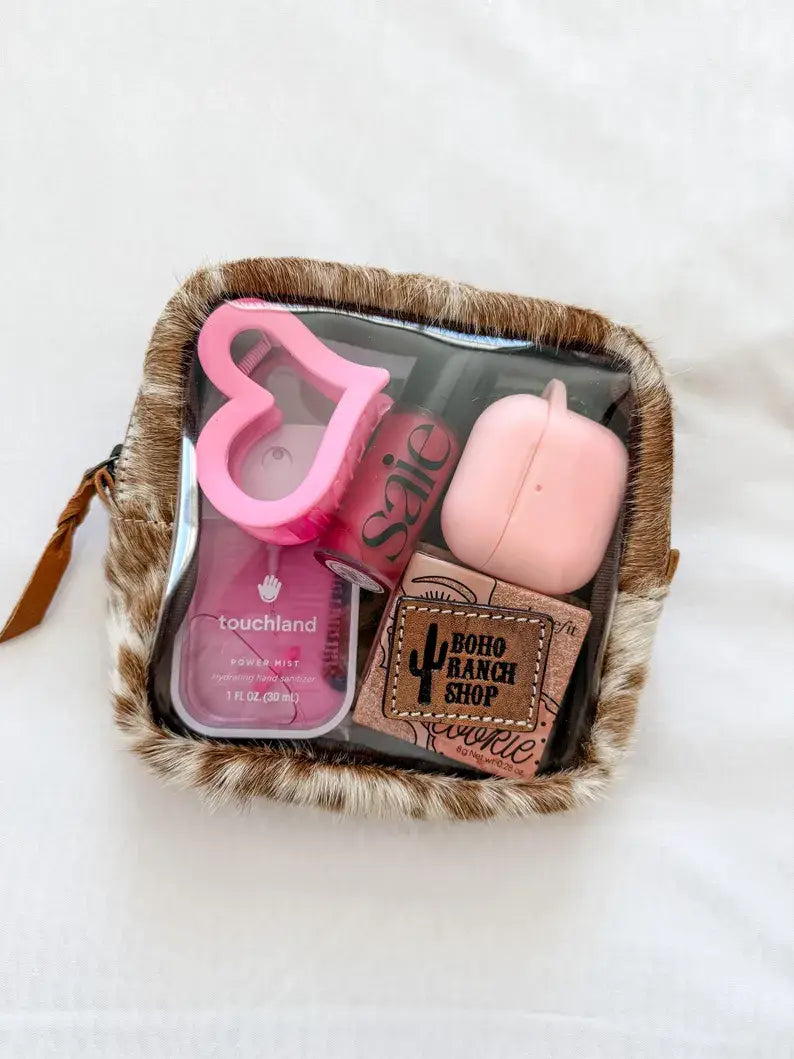 Cowhide Cosmetic Clear Case - Toiletry Makeup Travel Bag