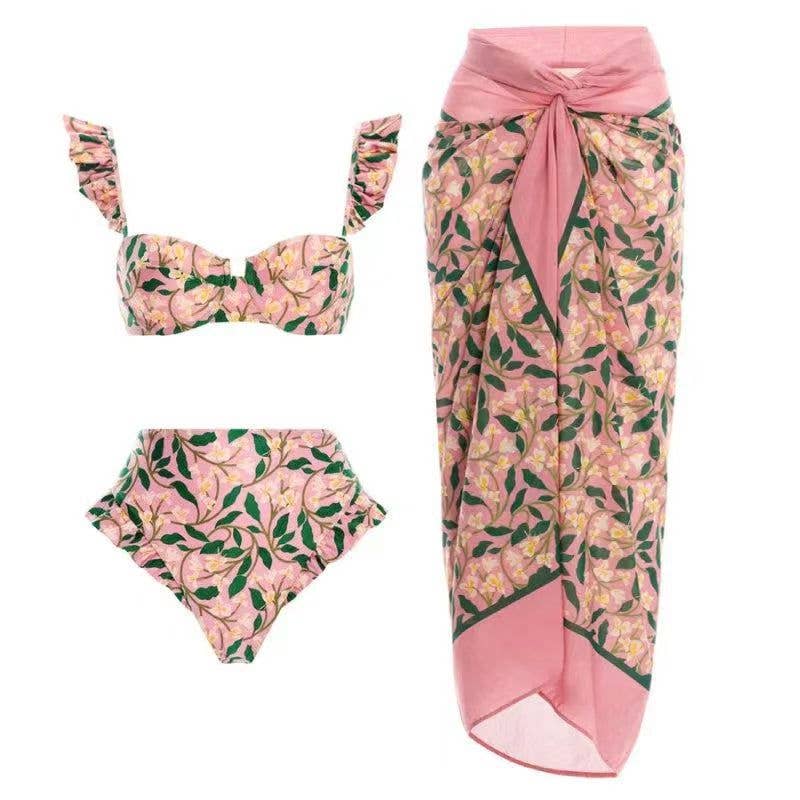 Little pink floral strappy one piece swimsuit