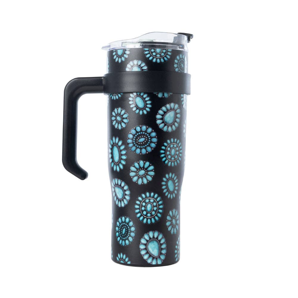 Myra Bags Concho Crest Western Tooled Waterr Bottle in Black Stainless Steel with Leather Wrap and Handle