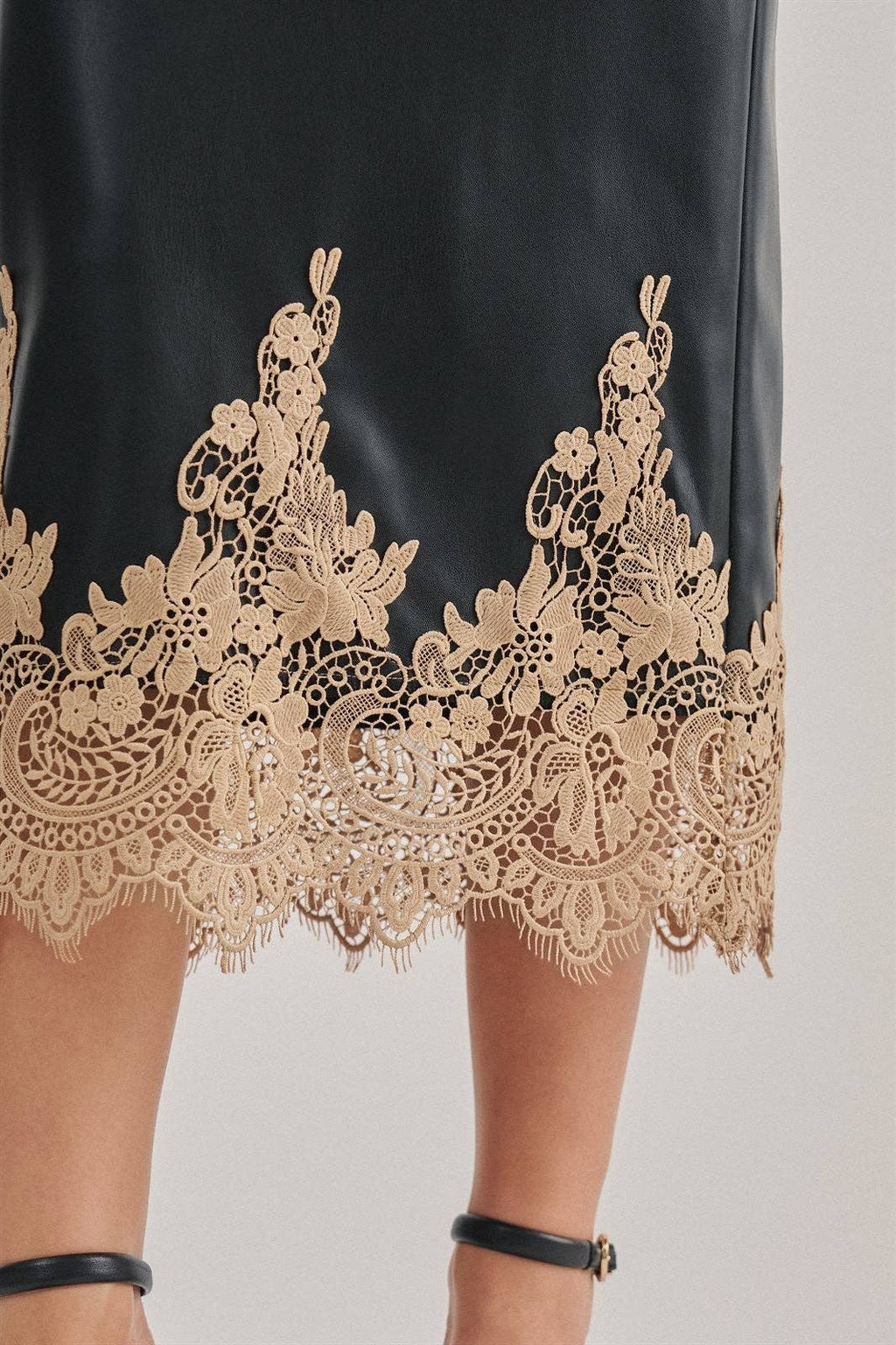 Boho Faux Leather Midi Skirt with Lace Hem (Preorder)