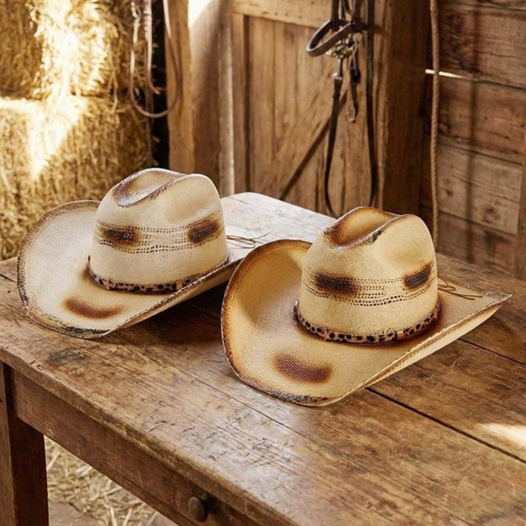 Distressed Two-Tone Cowboy Hat with Leopard-Print Star Band