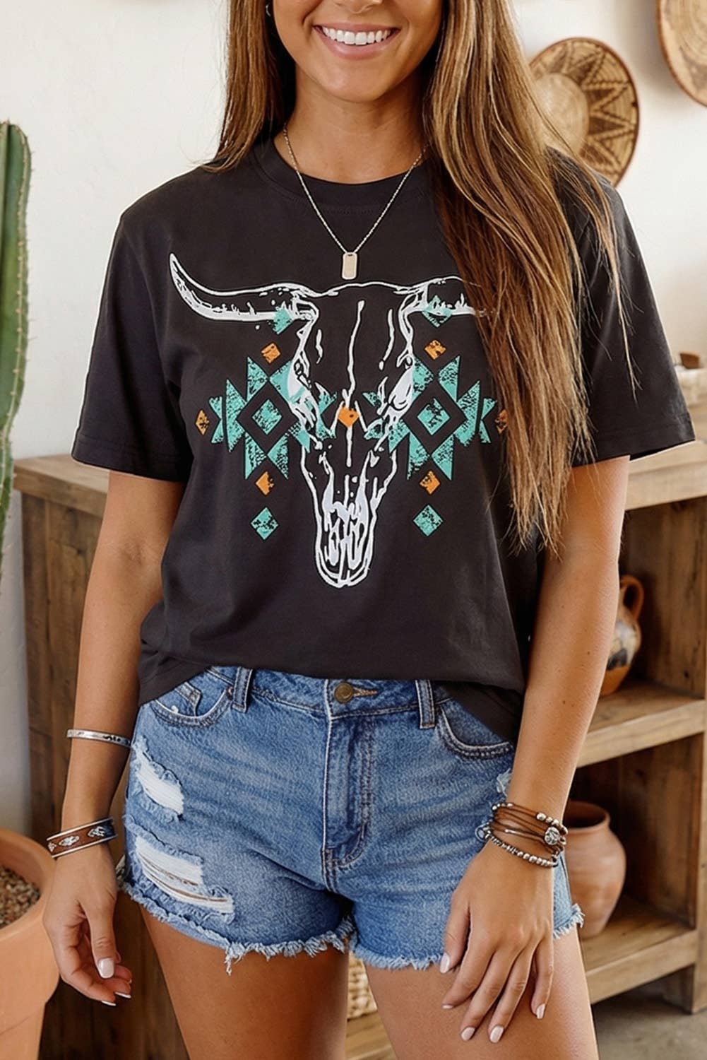 LDC Vintage Bull Skull Western Turquoise T Shirt