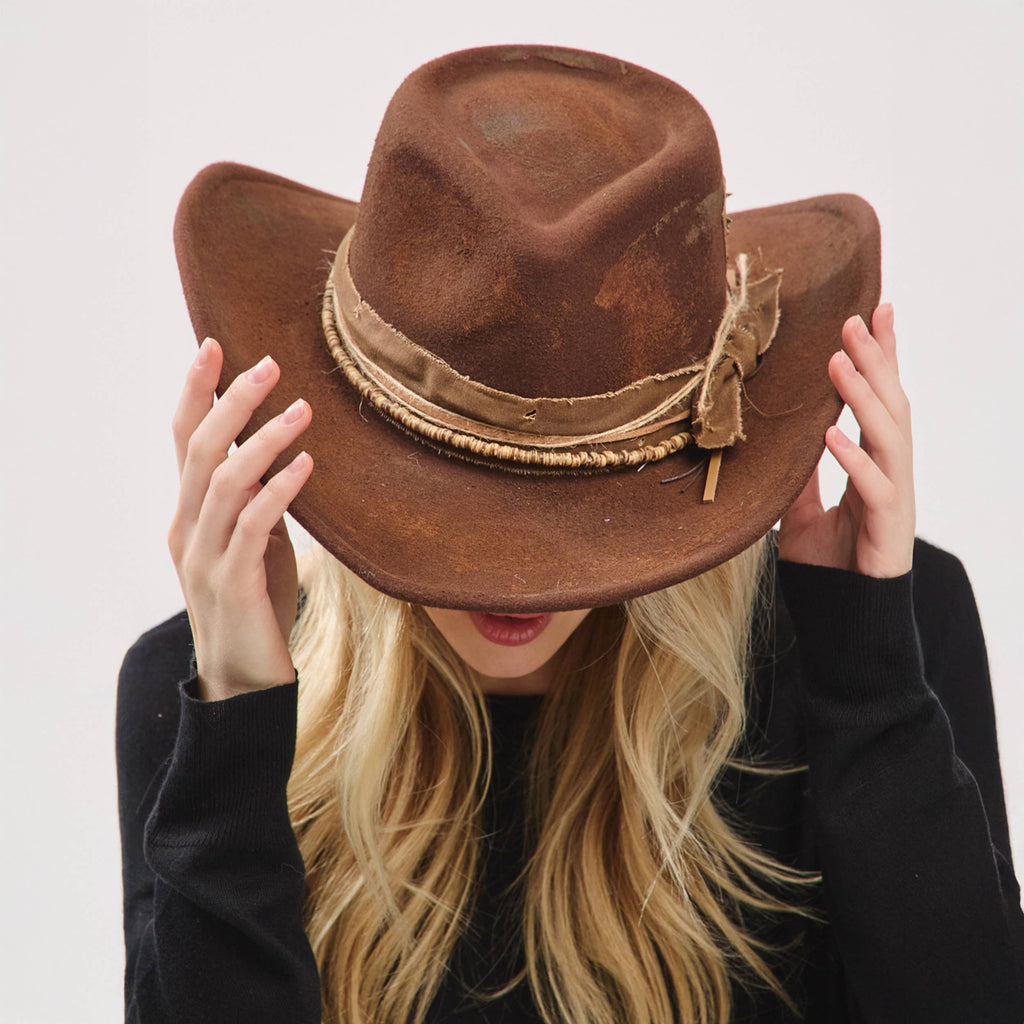 Distressed Fabric Band Rustic Cowgirl Fedora Hat