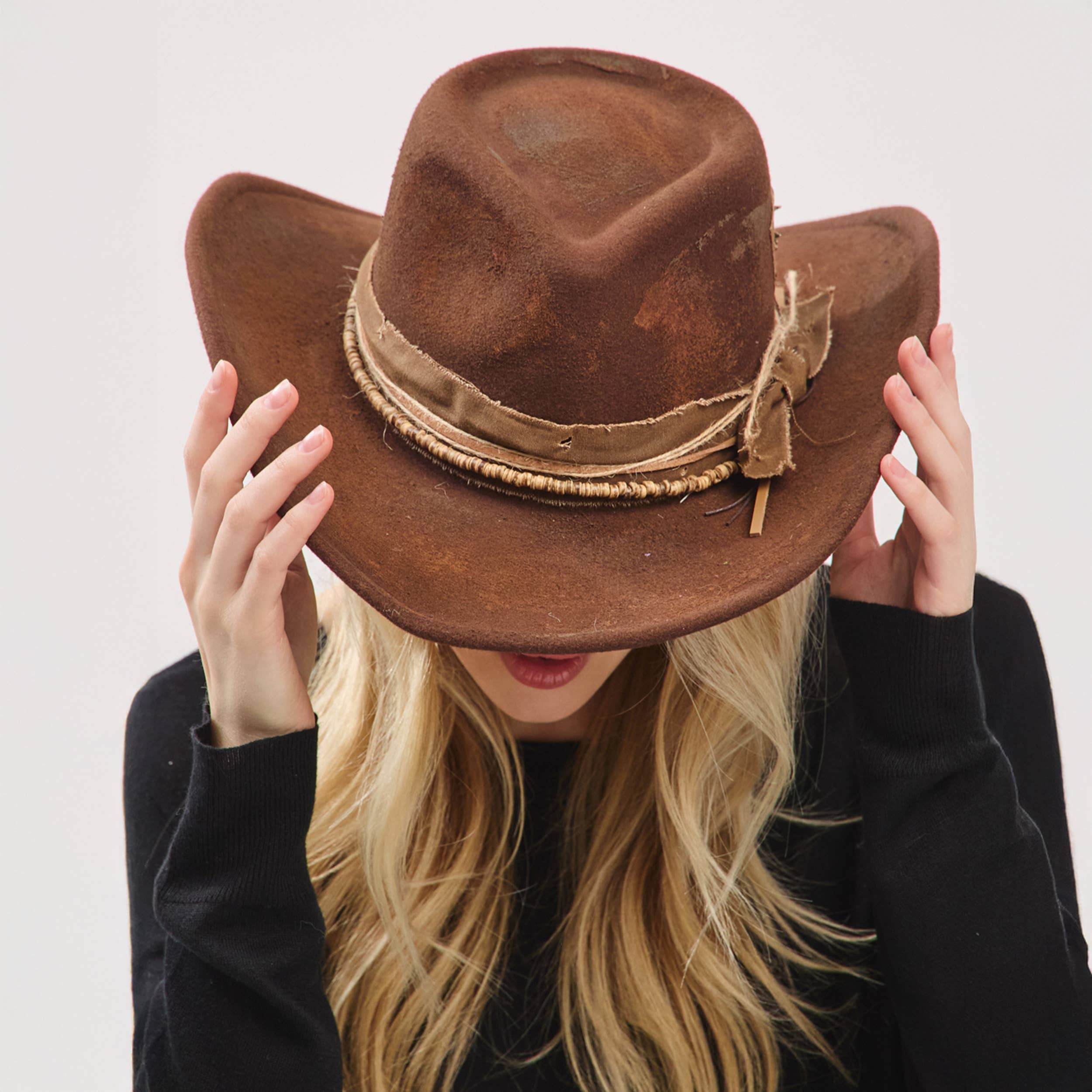 Distressed Fabric Band Rustic Cowgirl Fedora Hat