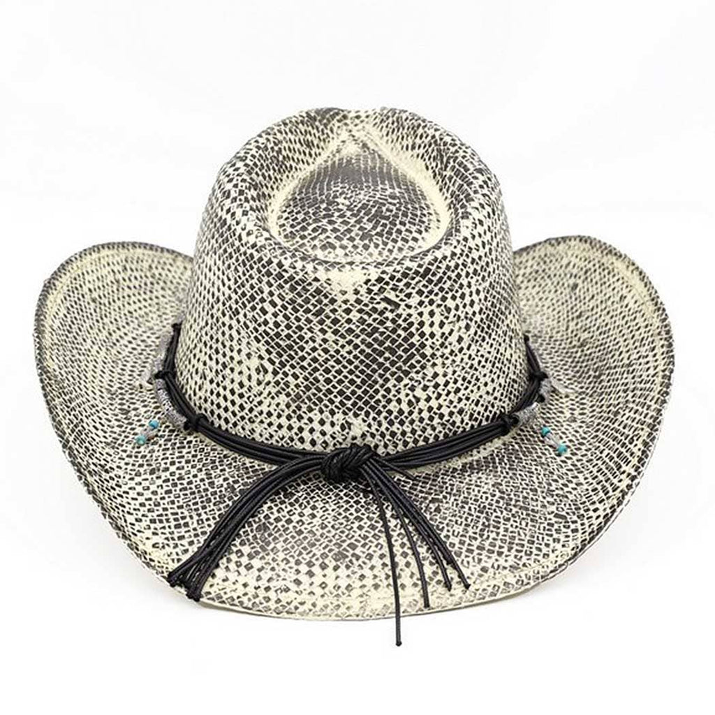 Handmade vintage cowboy hat featuring a textured woven design, black and white pattern, and a decorative black cord band.