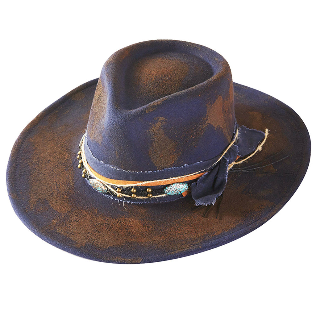 Distressed Fabric Multi Band Cowgirl Fedora Hat