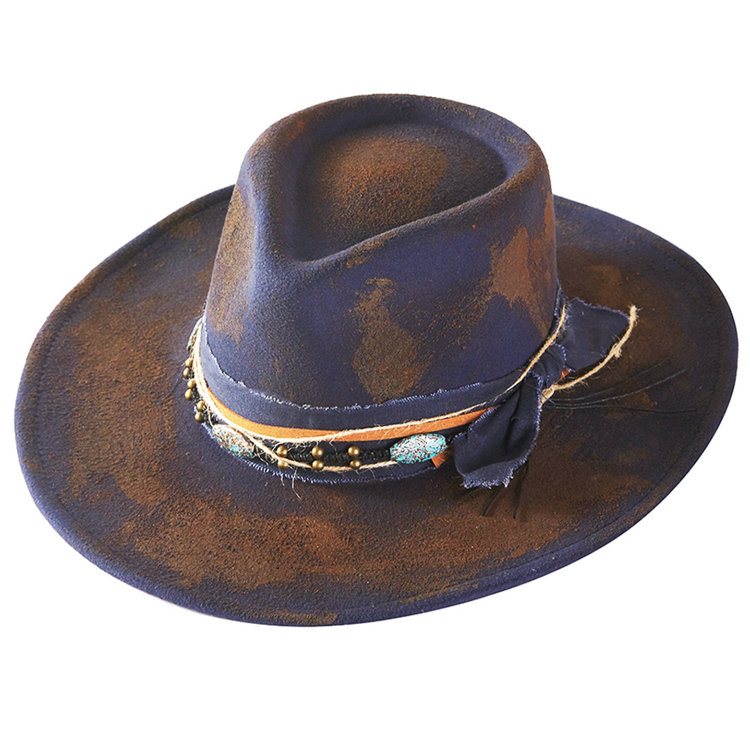 Distressed Fabric Multi Band Cowgirl Fedora Hat