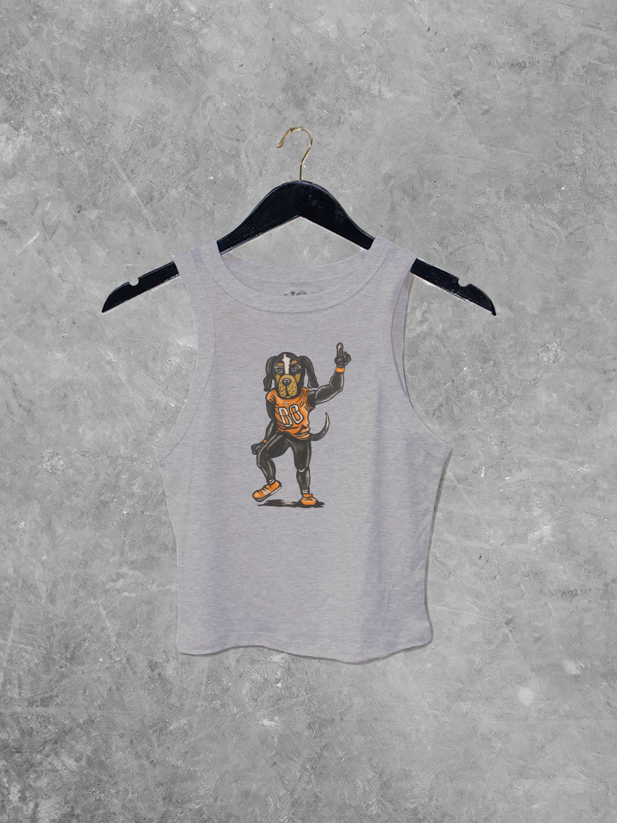 Micro-ribbed gray tank with a hand-drawn Smokey mascot in color, featuring a cropped fit and wide armholes.