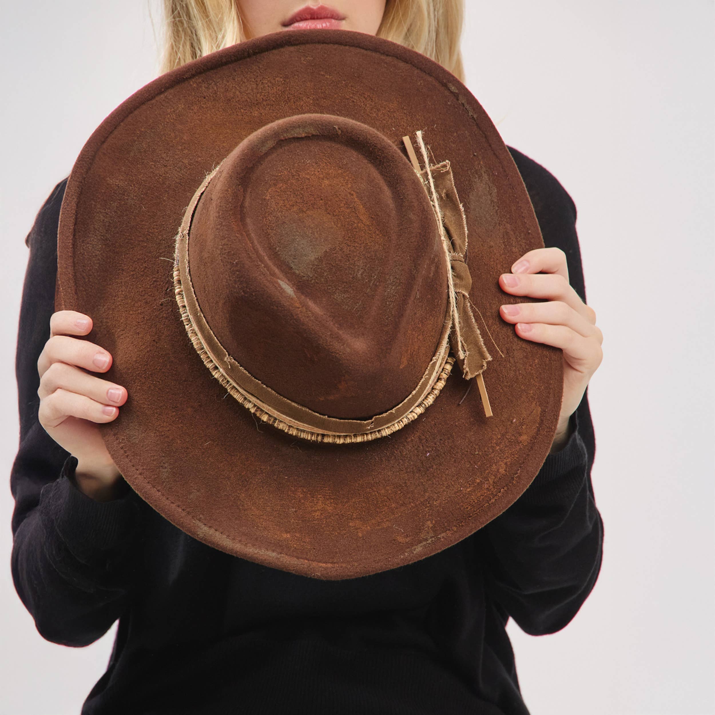 Distressed Fabric Band Rustic Cowgirl Fedora Hat