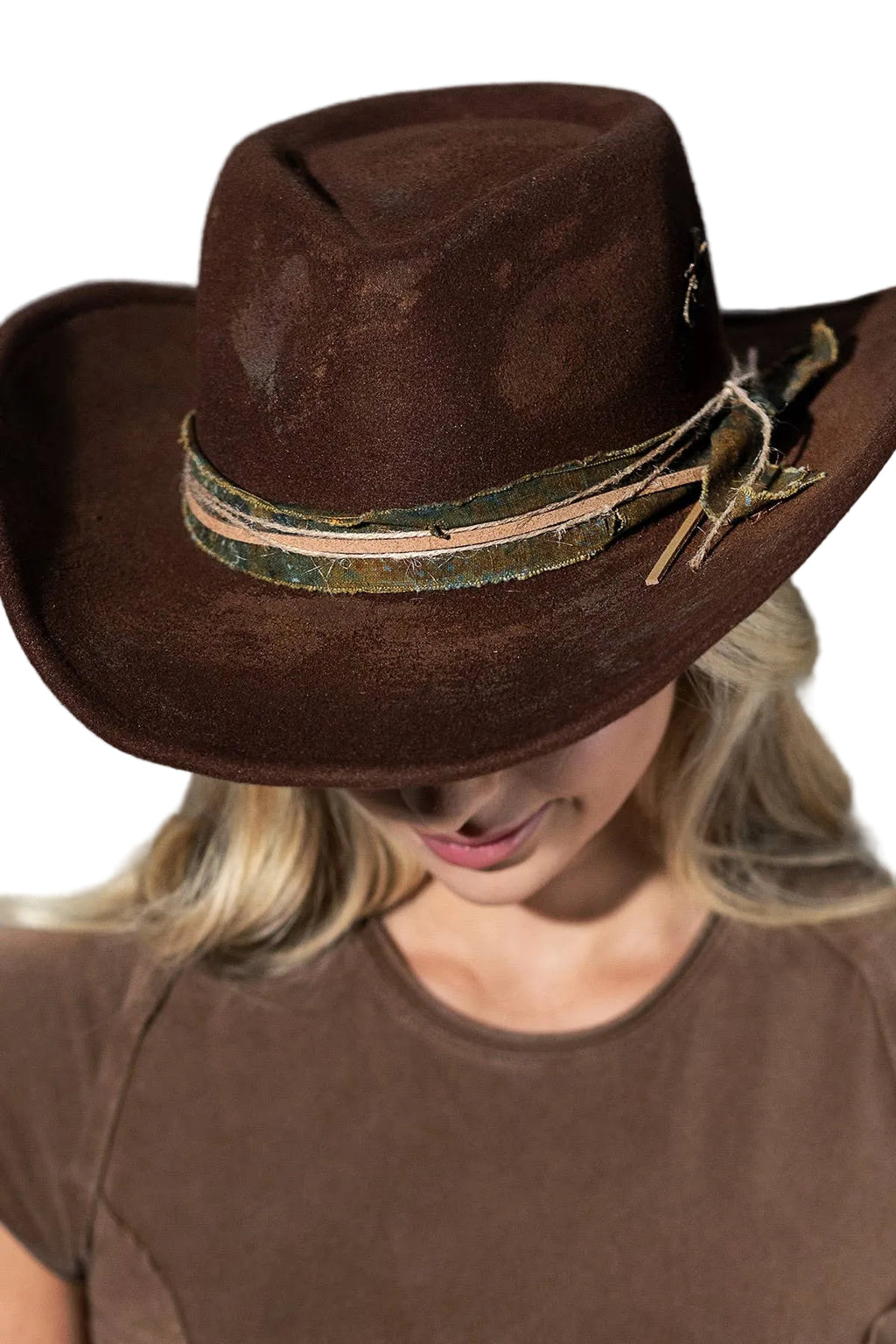 Vintage Versatile Shapeable Cowgirl & Fedora Hat with Teal Band and Faux Leather Accent - Polyester, One Size, Brown
