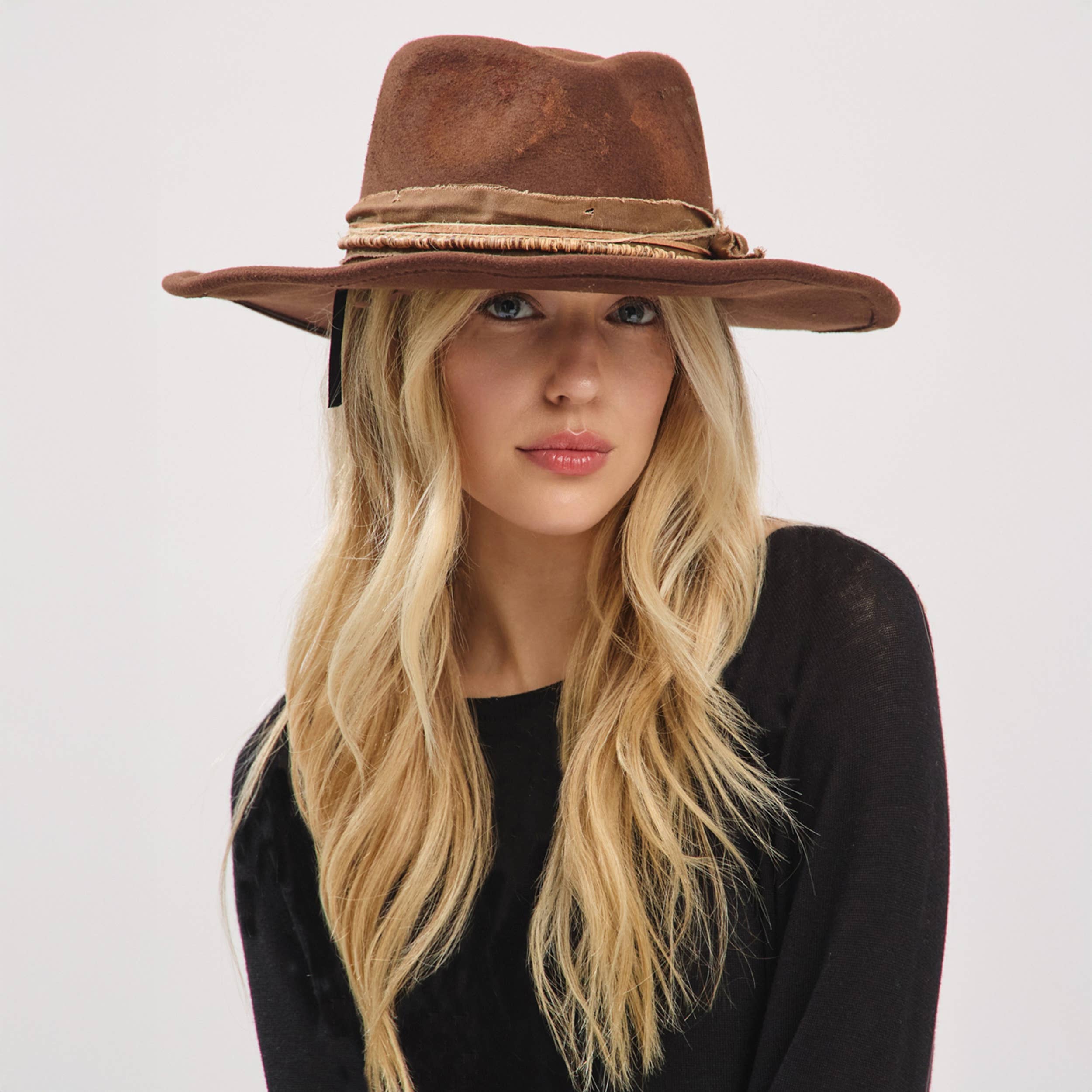 Distressed Fabric Band Rustic Cowgirl Fedora Hat