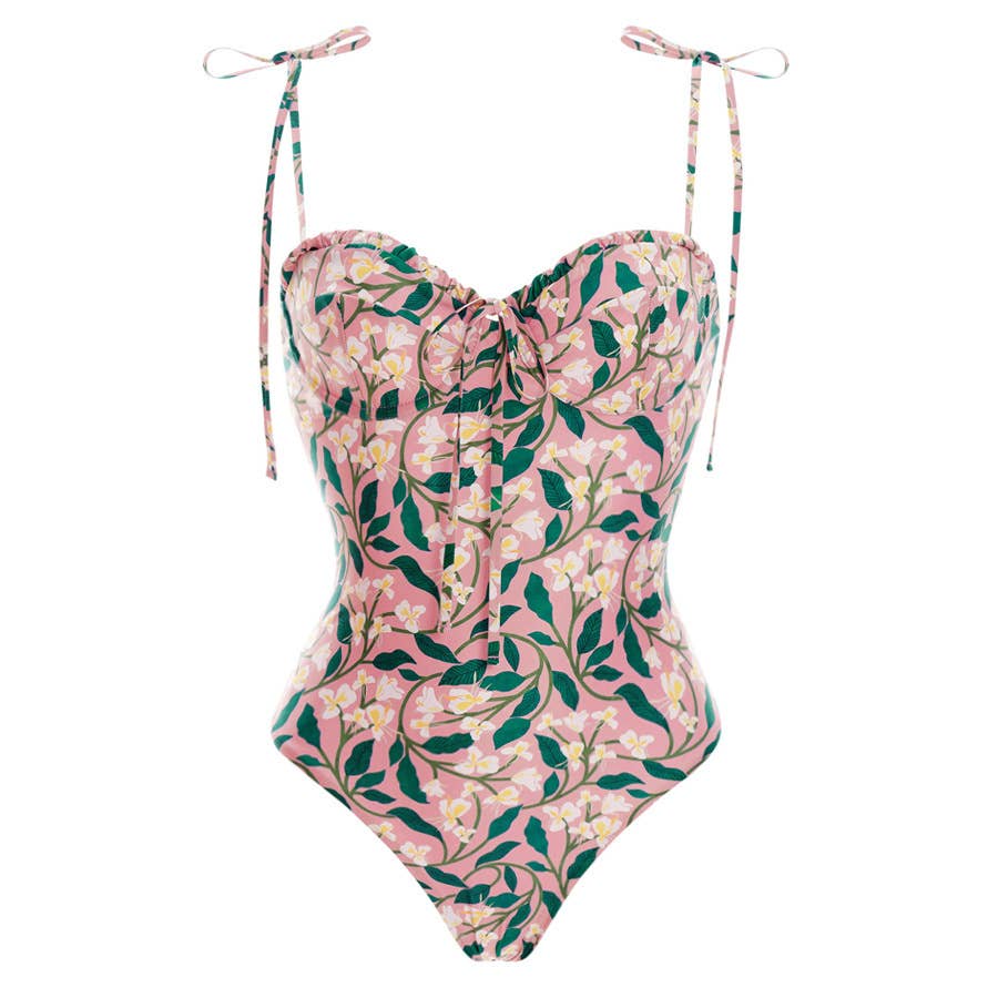 Little pink floral strappy one piece swimsuit
