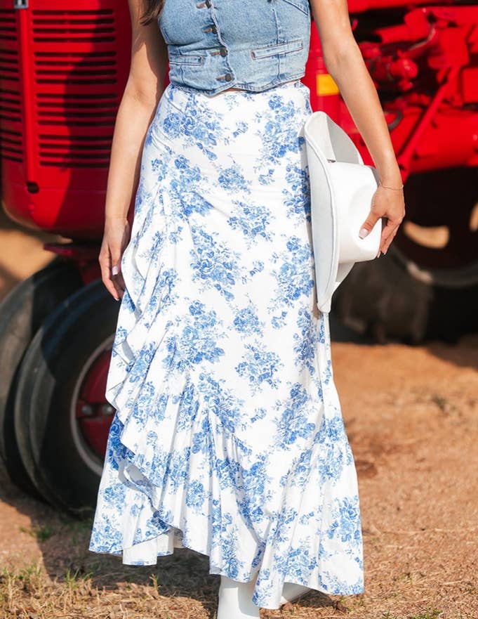 Summer floral print ruffle boho maxi skirt
