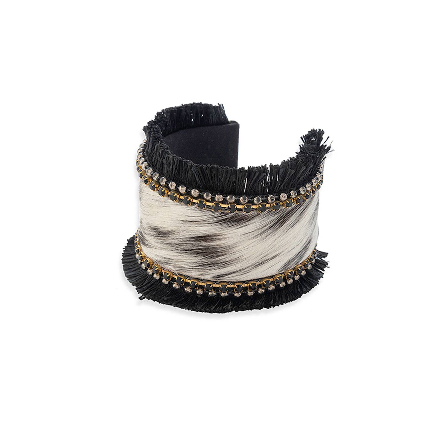 Hair-on hide cuff bracelet featuring black fringe and onyx stones, with a soft, textured appearance. Diameter: 2.5 inches.