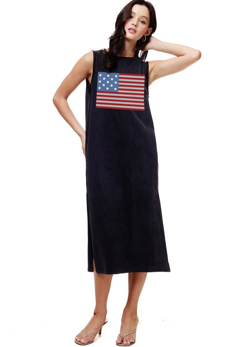 Soft black midi dress featuring an American flag graphic on the front, with side slits and sleeveless design.