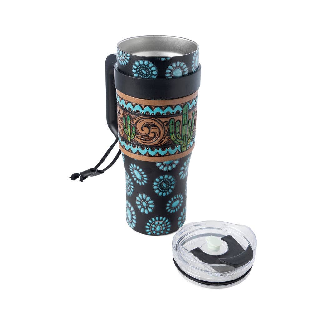 Myra Bags Concho Crest Western Tooled Waterr Bottle in Black Stainless Steel with Leather Wrap and Handle