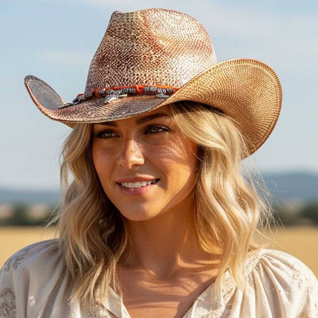 Handmade vintage cowboy hat in a textured woven design, featuring a structured crown, curved brim, and Western-themed charms.