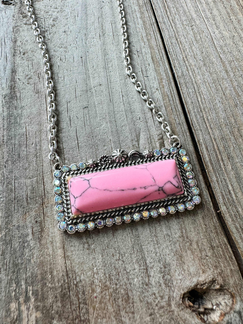 Western Semi Stone Bar Necklace - with Rhinestone edge