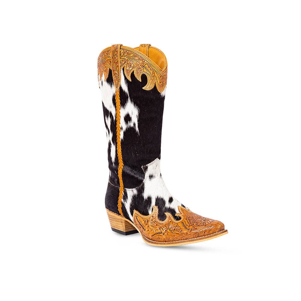 High-top cowboy boots with black and white hair-on leather, detailed honey-colored hand-tooled leather, and a snip toe.