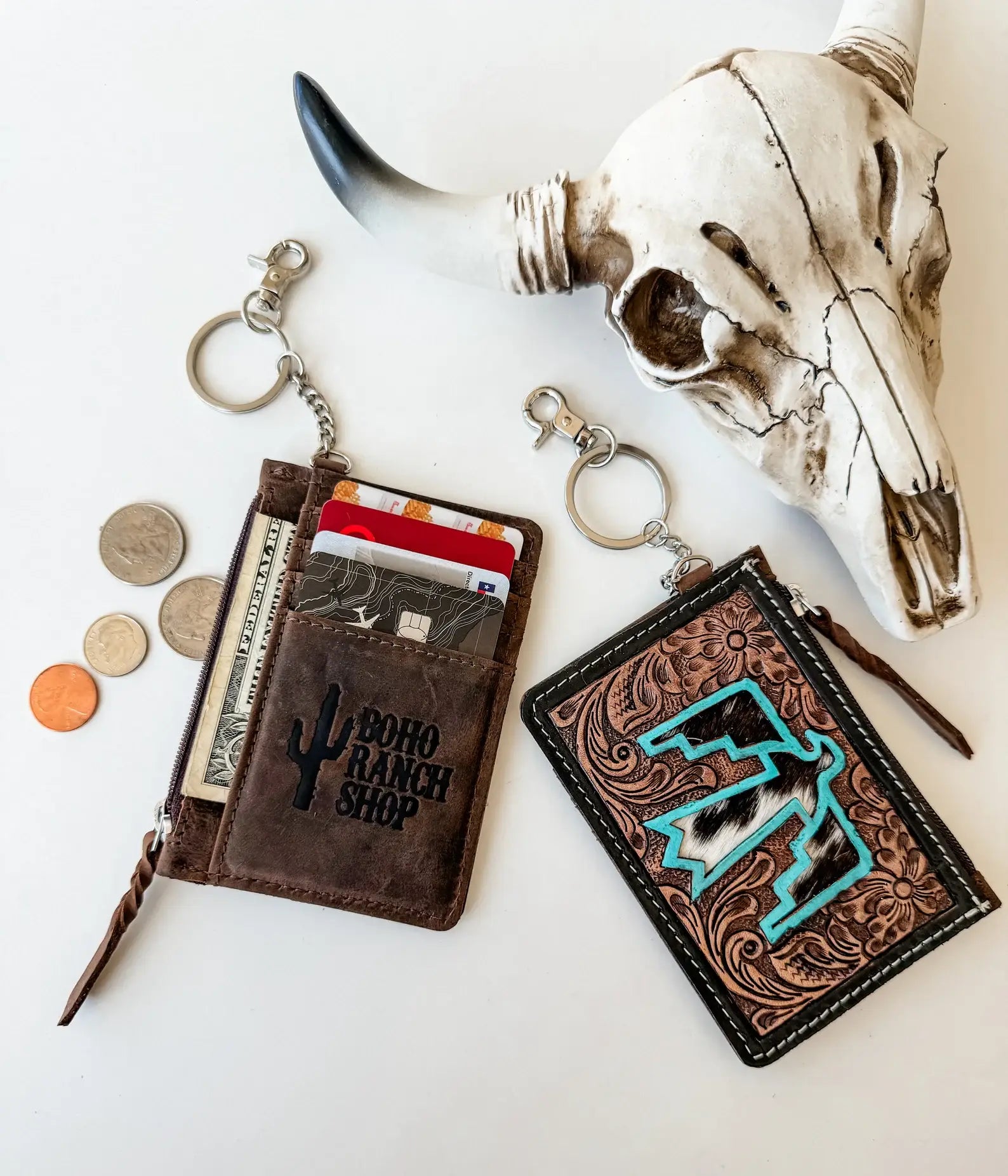 Western Cowhide Leather Keychain Wallet Longhorn Thunderbird