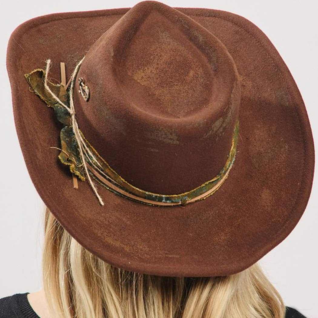 vintage distressed brown shapeable cowgirl fedora hat with suede band and rustic metal accent
