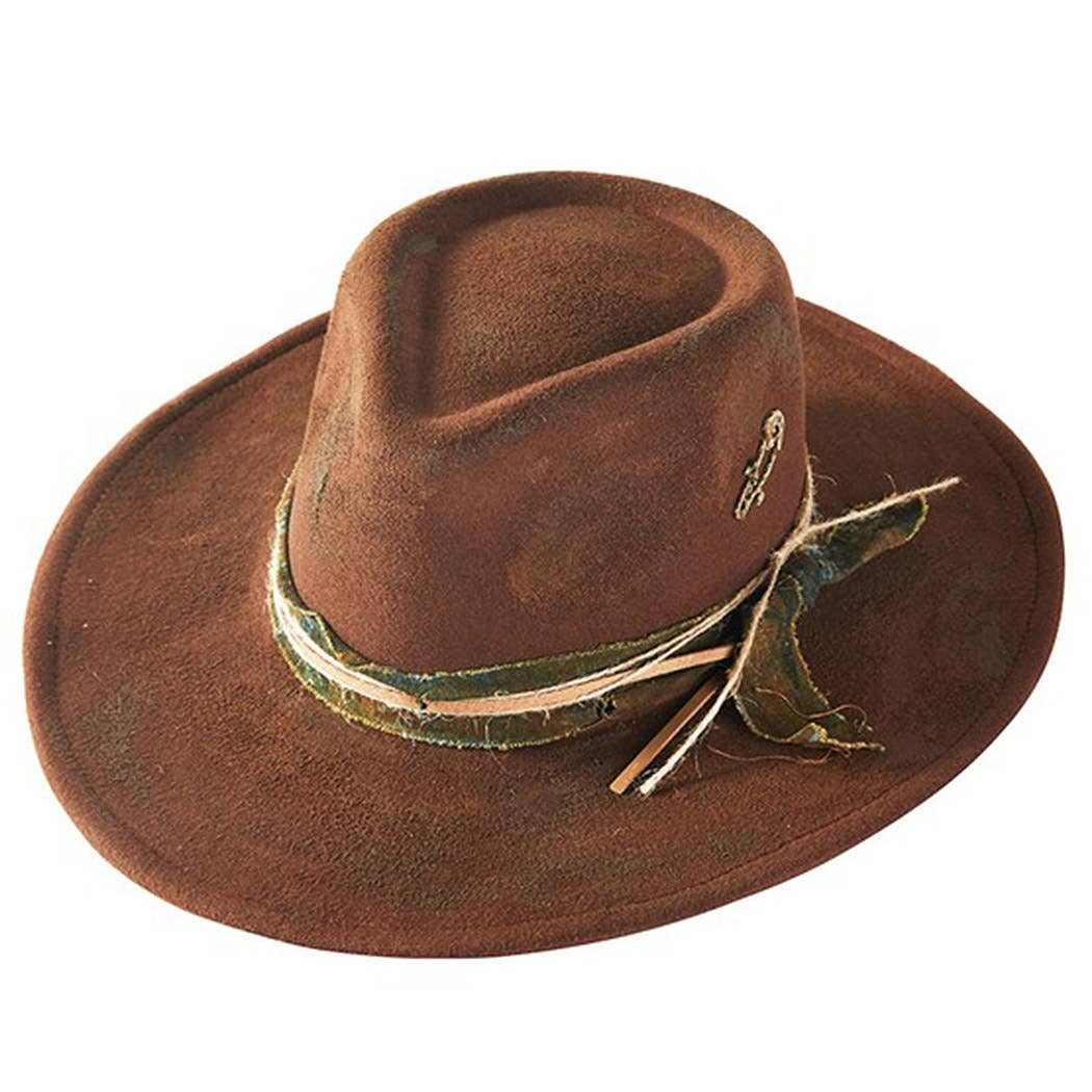 Vintage shapeable cowgirl and fedora hat with distressed fabric and suede band