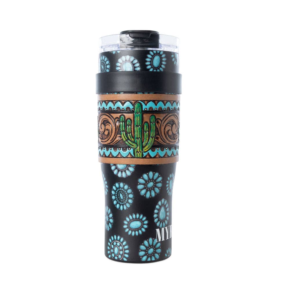 Myra Bags Concho Crest Western Tooled Waterr Bottle in Black Stainless Steel with Leather Wrap and Handle