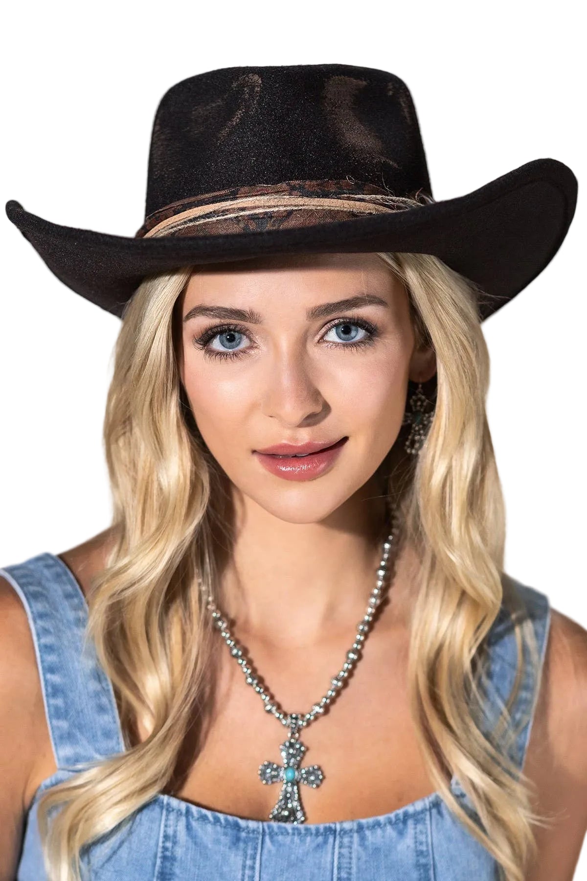 Vintage Shapeable Cowgirl & Fedora Hat - Distressed 2-in-1 Western Wide Brim Hat, One Size, Black