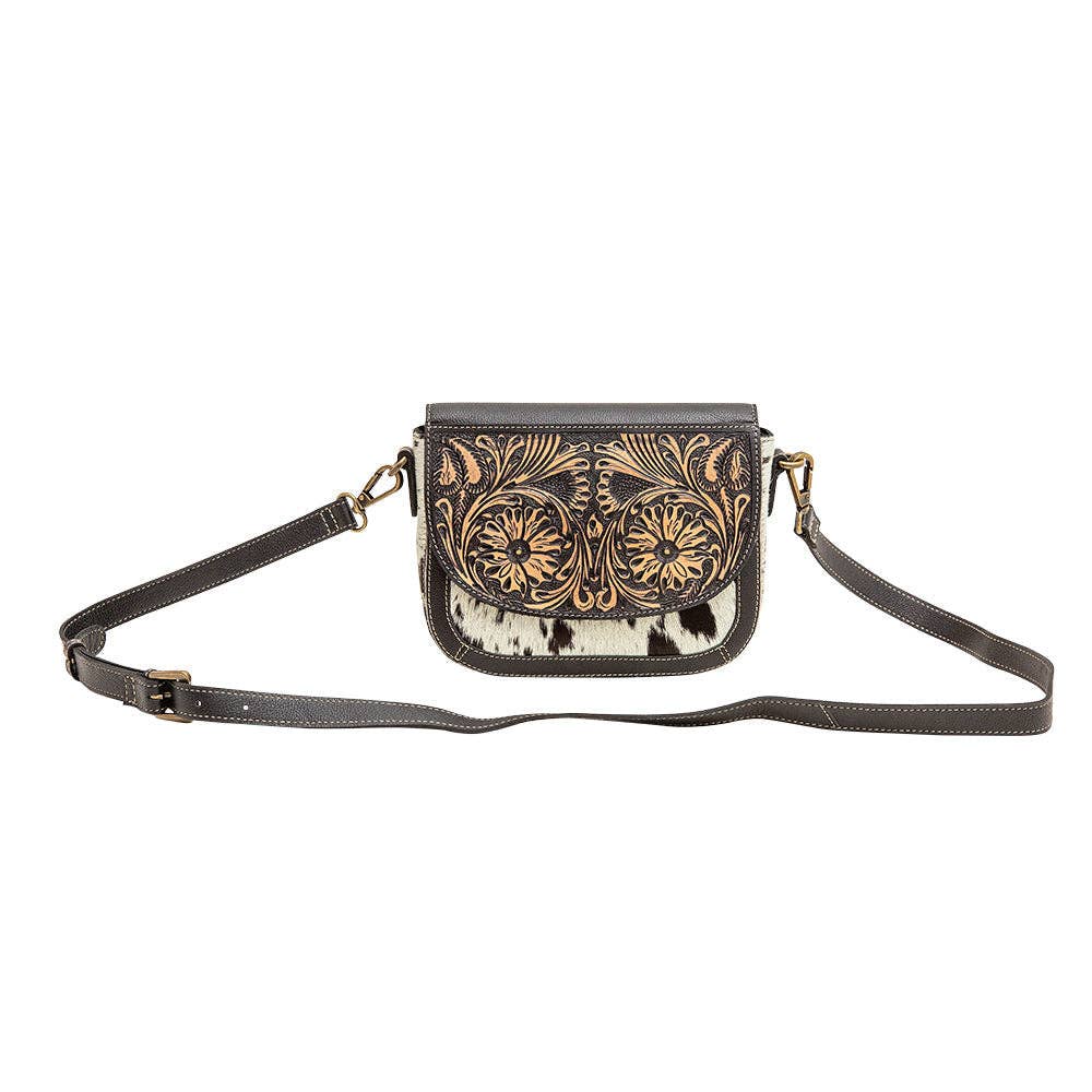 Myra Hand-Tooled Crossbody with Hairon Cowhide
