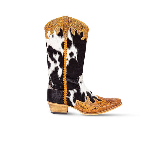 Adelaide Hair-On High Top Boots in black and white cowhide with honey leather detailing and side pull straps.
