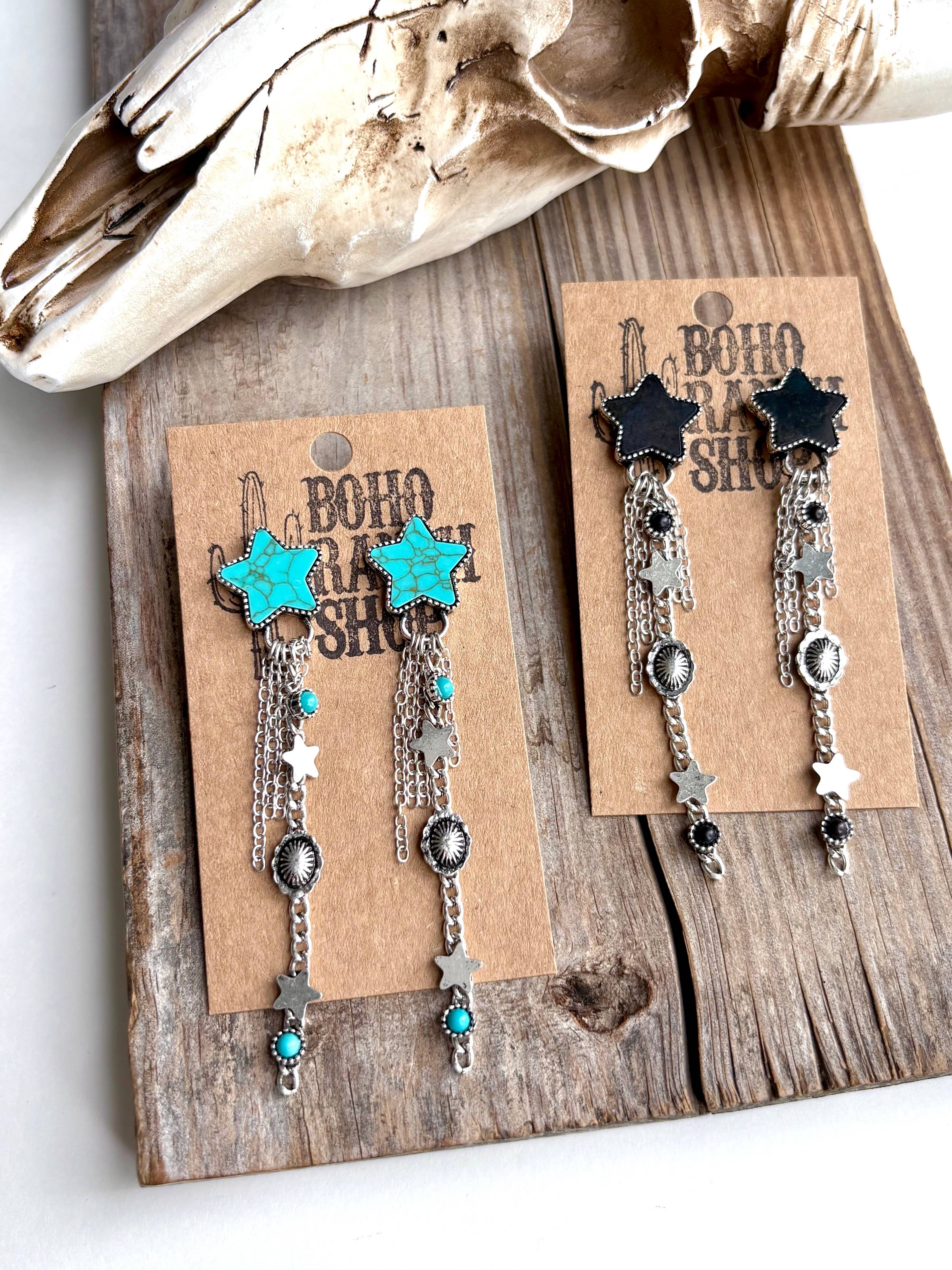 Western Star Stone & Chain Fringe Post Drop Earrings